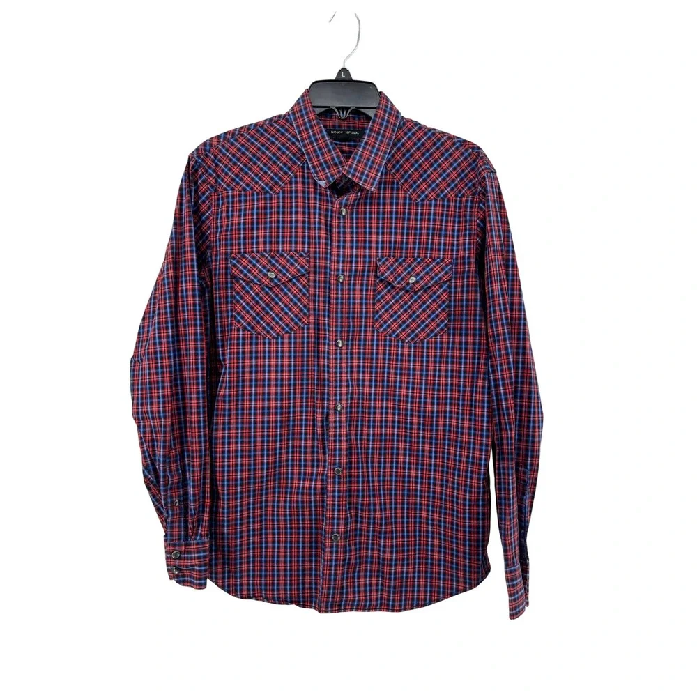 Banana Republic Mens Slim Fit Western Plaid Snap Front Shirt Red Blue‎ L V/1204